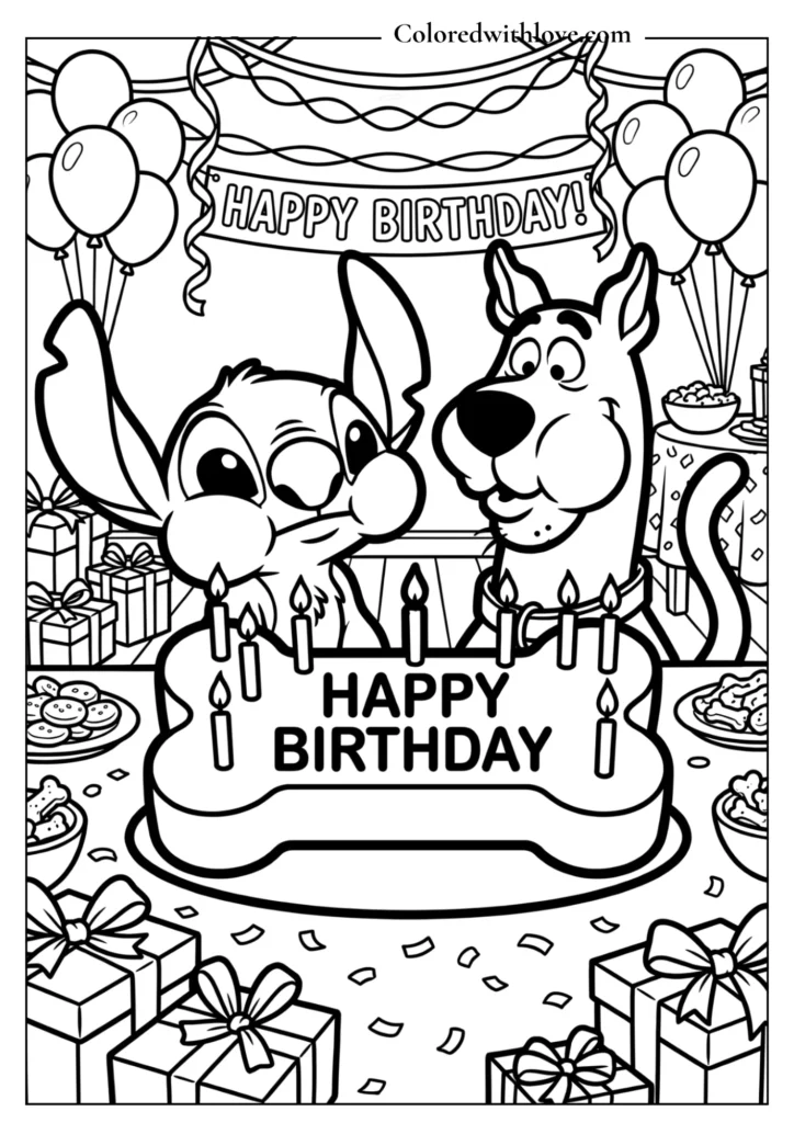 Black and white birthday coloring sheet of Stitch and Scooby-Doo blowing out candles on a giant bone-shaped cake.