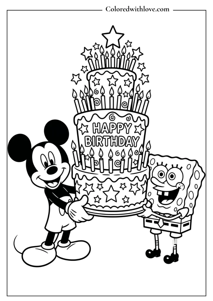 Free printable birthday coloring page featuring Mickey Mouse and SpongeBob holding a giant three-tiered birthday cake.