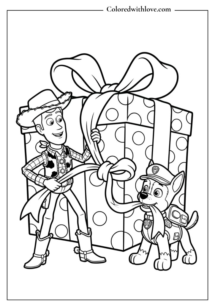 Printable kids birthday coloring page featuring Woody from Toy Story and Chase from Paw Patrol opening a giant gift box.