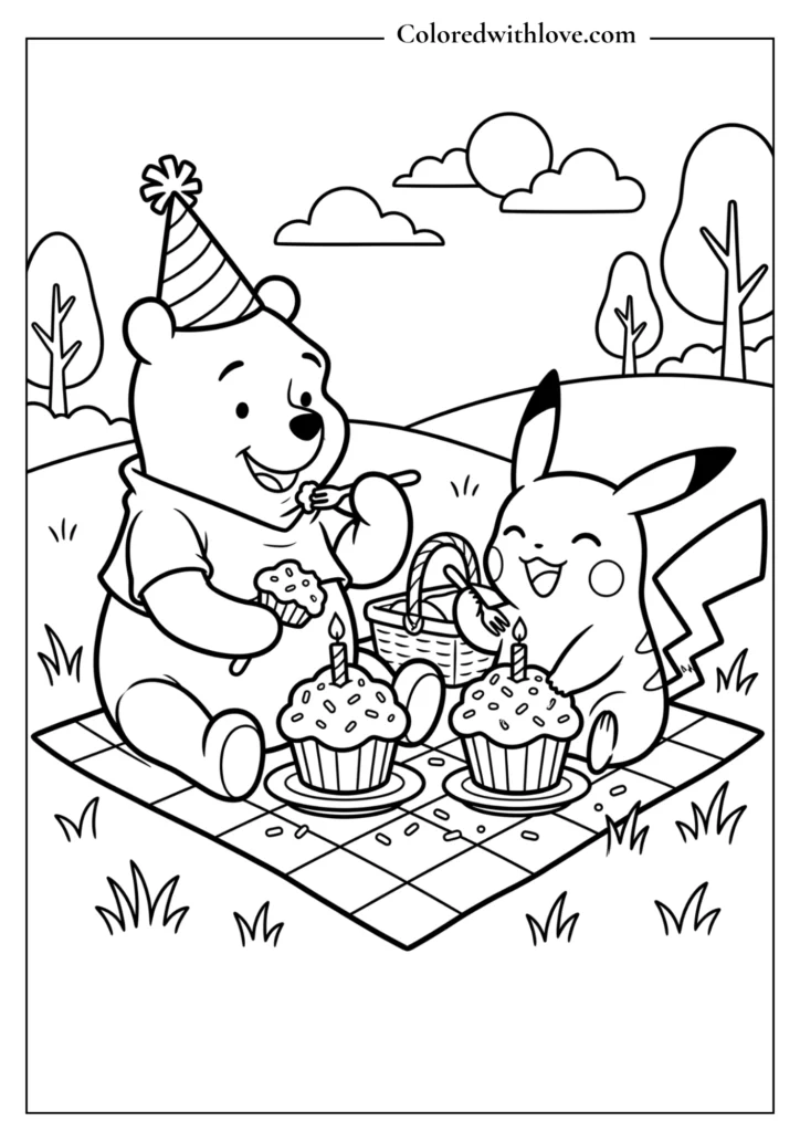 Free printable cartoon crossover coloring page of Winnie the Pooh and Pikachu eating giant birthday cupcakes.