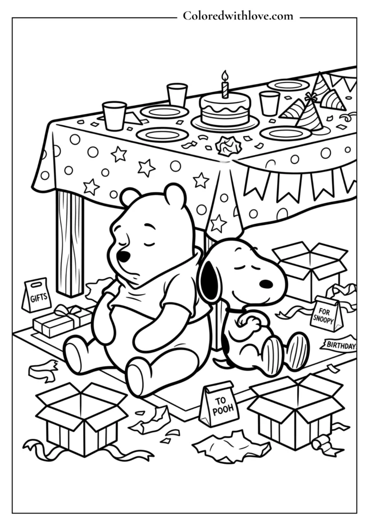 Free printable coloring page of Winnie the Pooh and Snoopy sleeping under a table after a fun birthday party.
