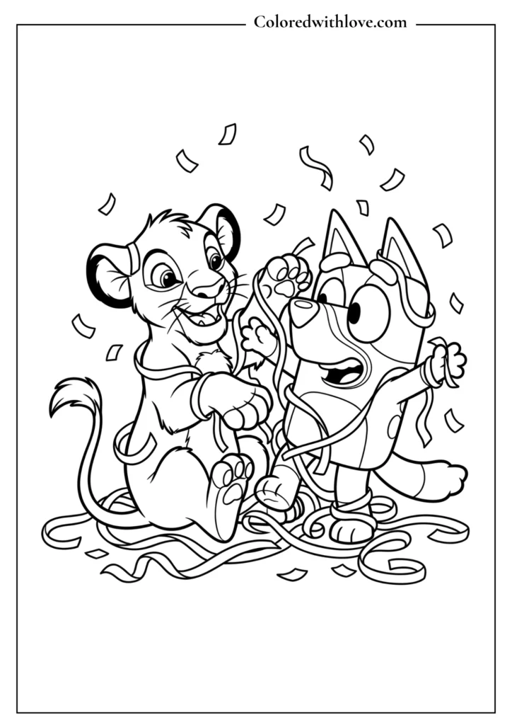 Cute printable coloring page of a young Simba and Bluey playing in birthday party streamers and confetti.