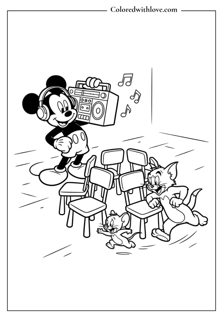 Free cartoon mashup coloring page of Mickey Mouse playing DJ while Tom and Jerry play musical chairs.