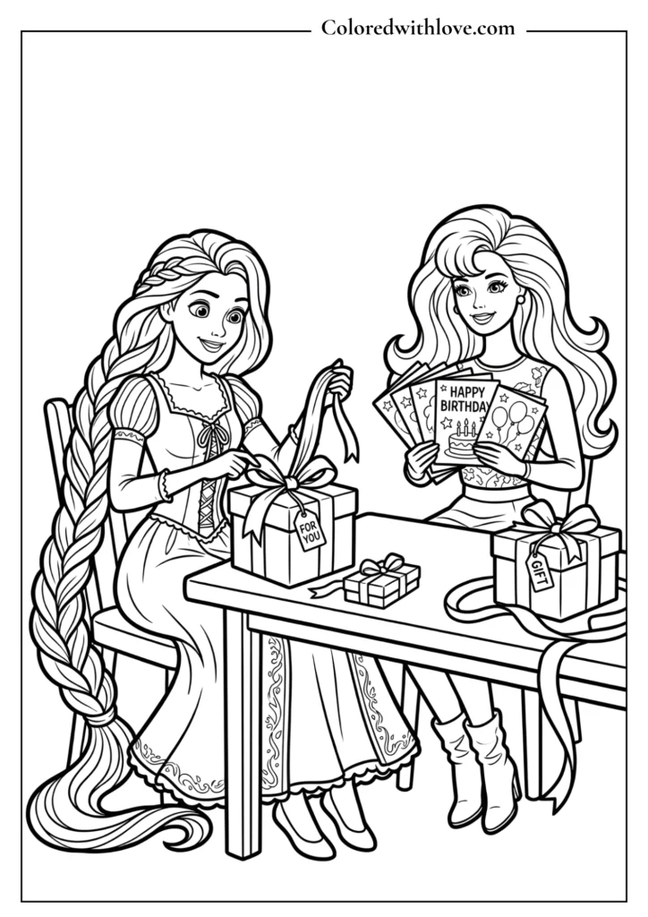 Printable girls birthday coloring page featuring Princess Rapunzel and a classic Barbie doll tying ribbons on birthday presents.
