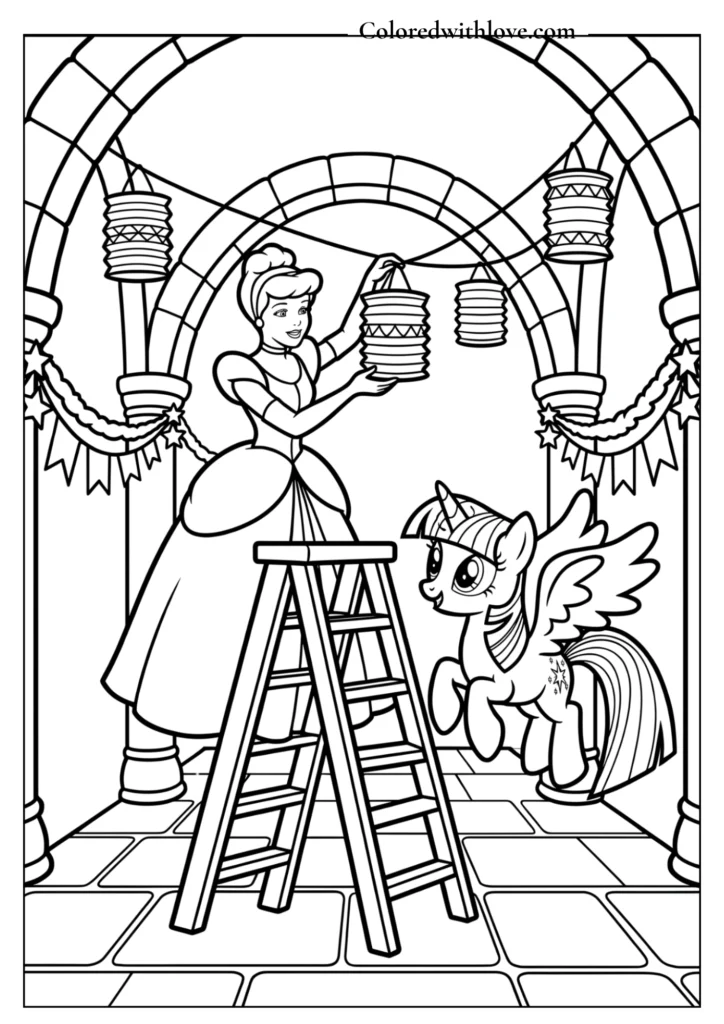 Princess and pony birthday coloring page featuring Cinderella and Twilight Sparkle hanging party lanterns.