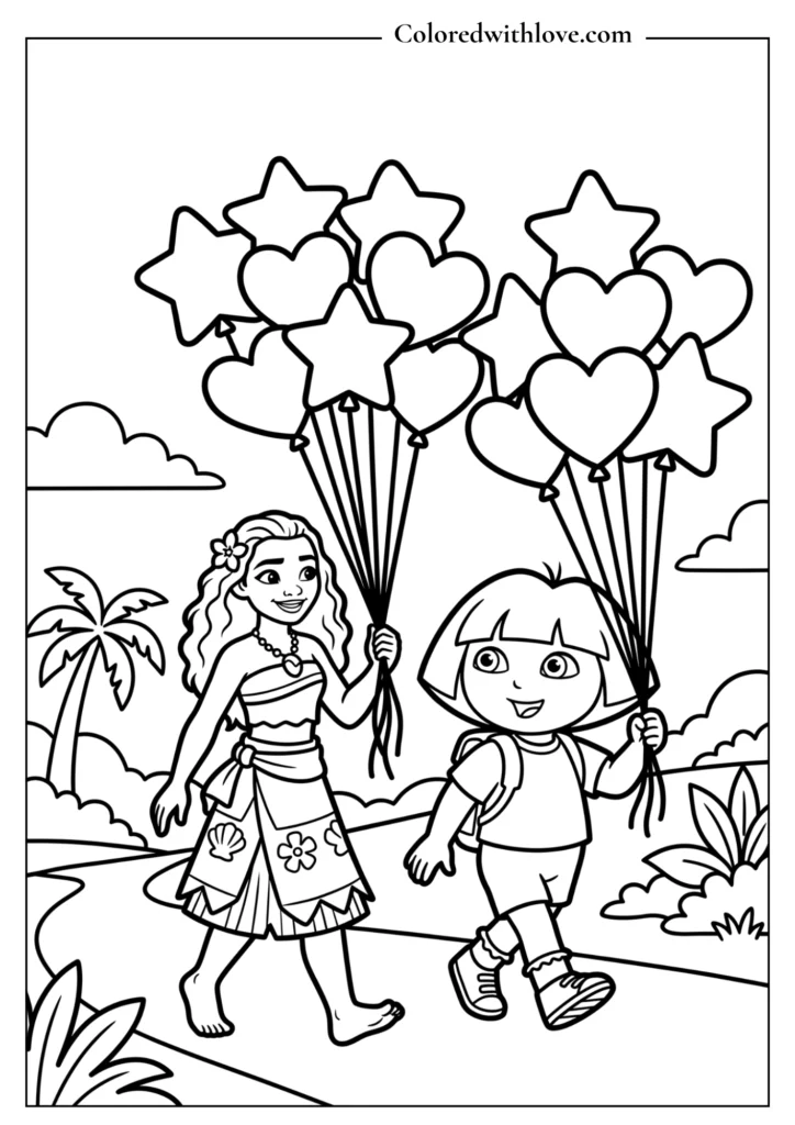 Free printable girls birthday coloring sheet featuring Moana and Dora the Explorer holding star and heart-shaped balloons.