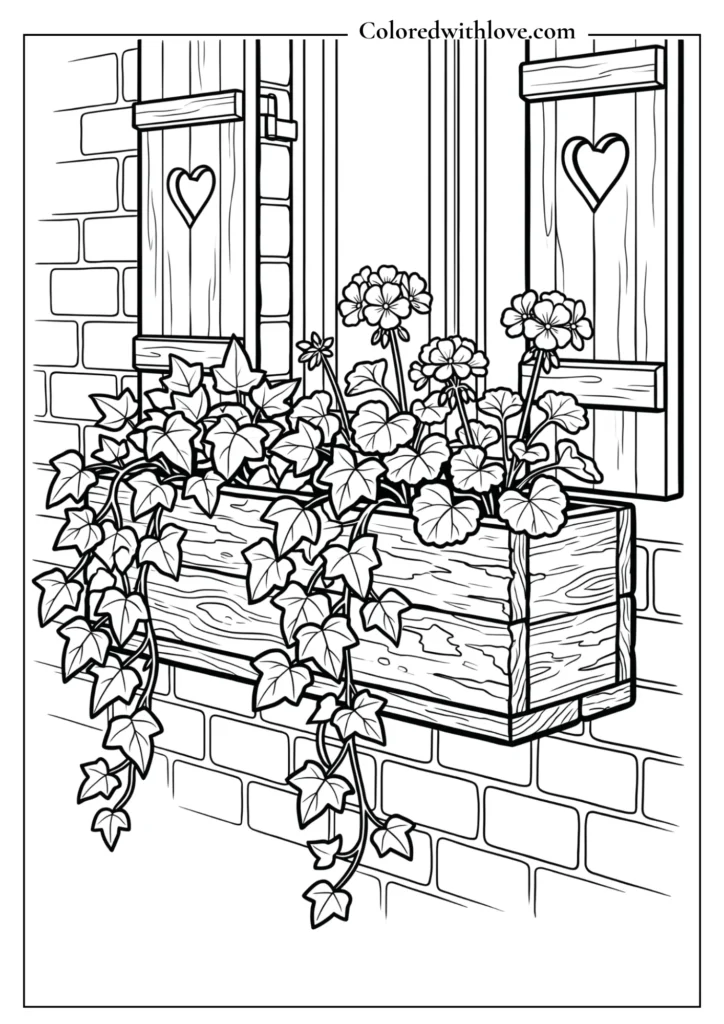 Charming cottage window box planted with petunias and geraniums in this printable flowers coloring page.