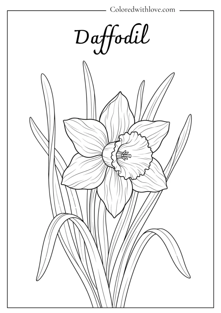 Spring daffodil with a central trumpet and star-shaped petals on a nature flowers coloring page.