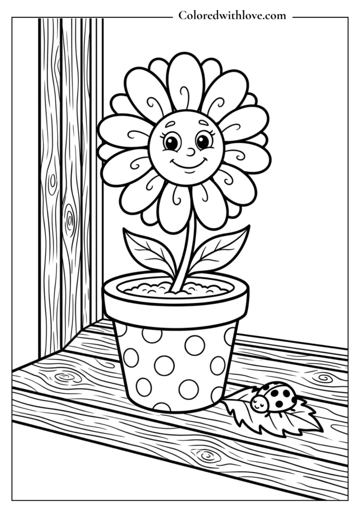 Simple printable flowers coloring page showing a cartoon daisy growing in a small terracotta pot.
