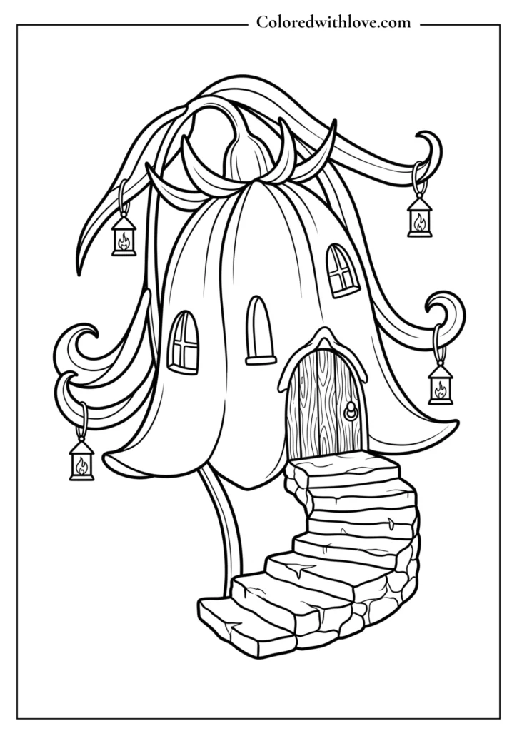  Whimsical flowers coloring page showing a magical fairy house made out of a giant bluebell