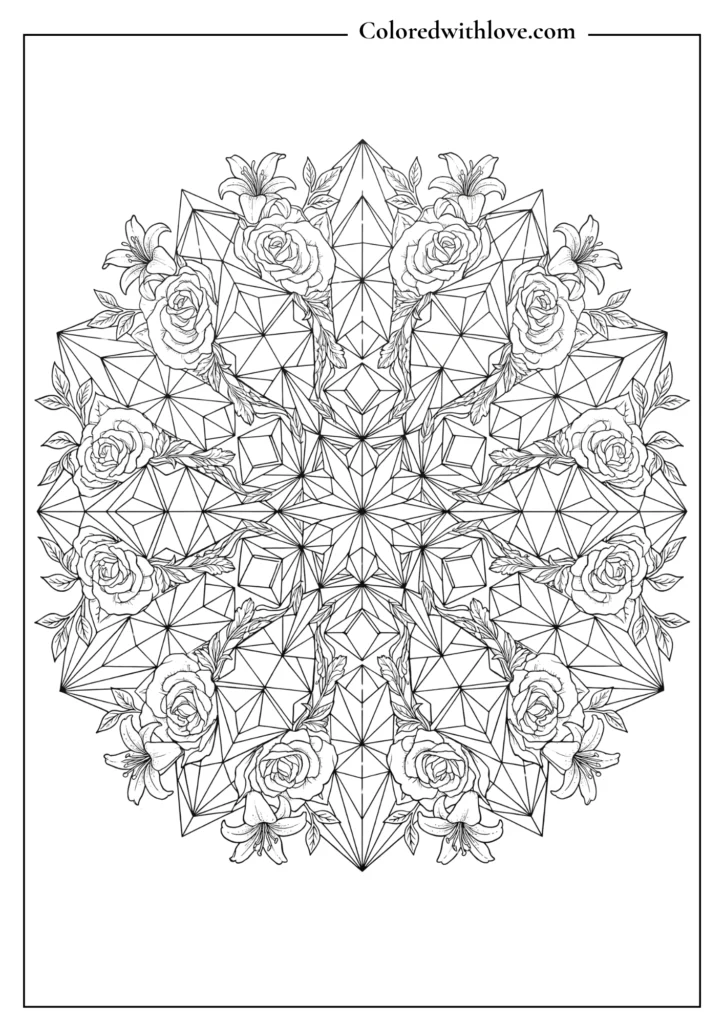 Advanced floral coloring page combining geometric shapes intertwined with detailed flower blossoms.