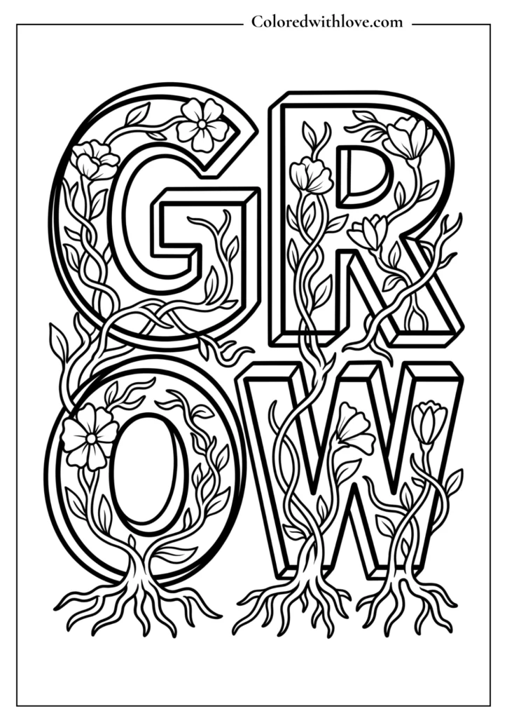 The word GROW intertwined with detailed vines and small blossoms in this unique flowers coloring page.