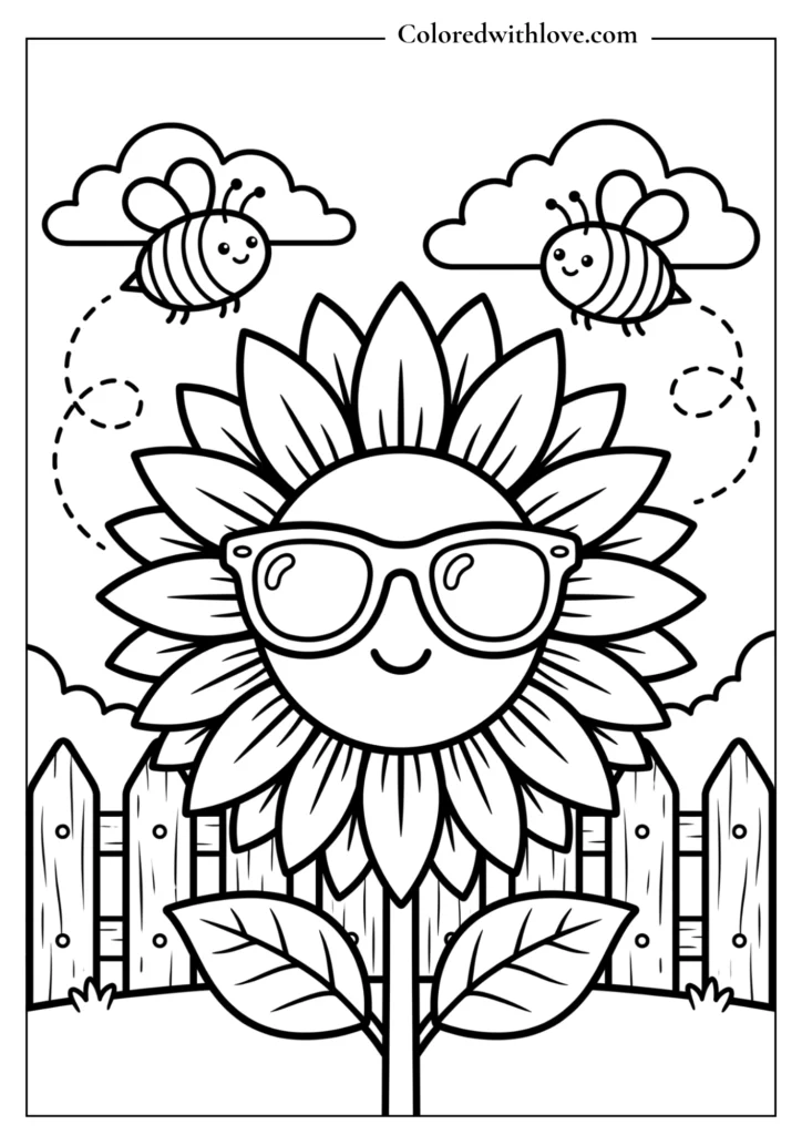 A cute smiling sunflower with thick black outlines in this simple flowers coloring page for kids.