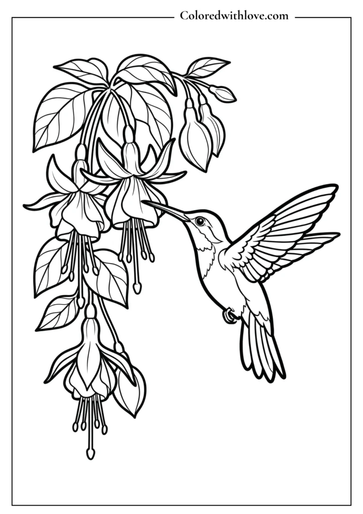 Detailed nature and flowers coloring page showing a hummingbird hovering to drink nectar from a fuchsia flower.