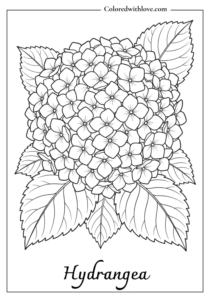 Globe-shaped cluster of hydrangea blossoms framed by large leaves in a fun flowers coloring page.