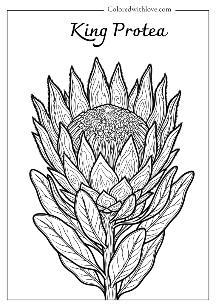 Exotic flowers coloring page showing a King Protea with spiky outer bracts and a large center.