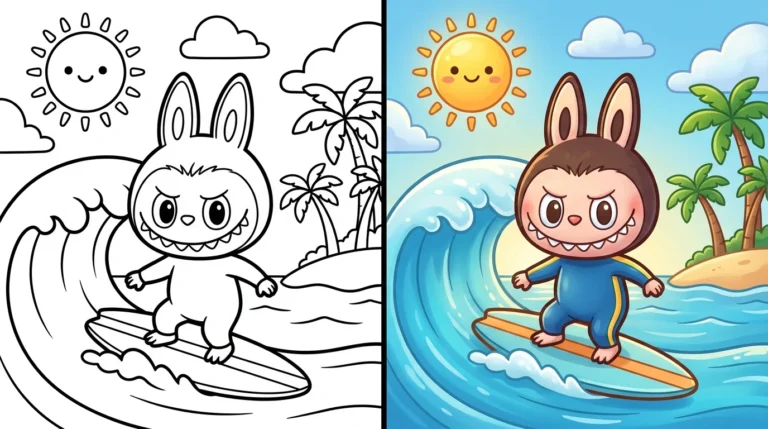 Cute Labubu surfing on ocean wave at tropical beach coloring page