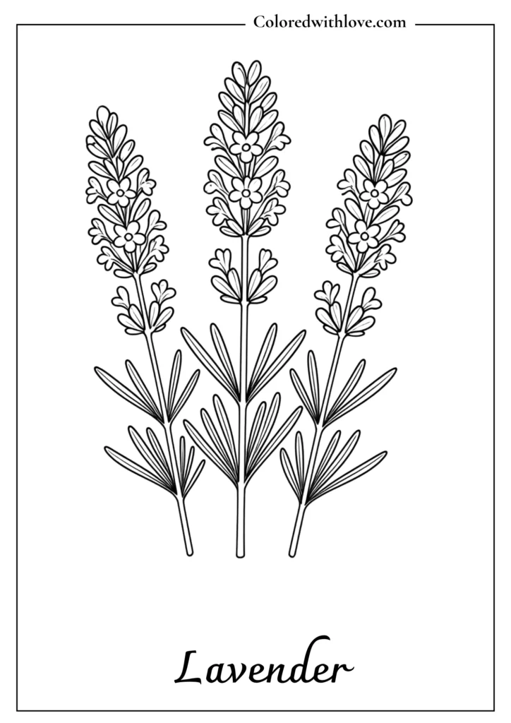 Three simple stalks of lavender with bell-shaped florets on a calming flowers coloring page.