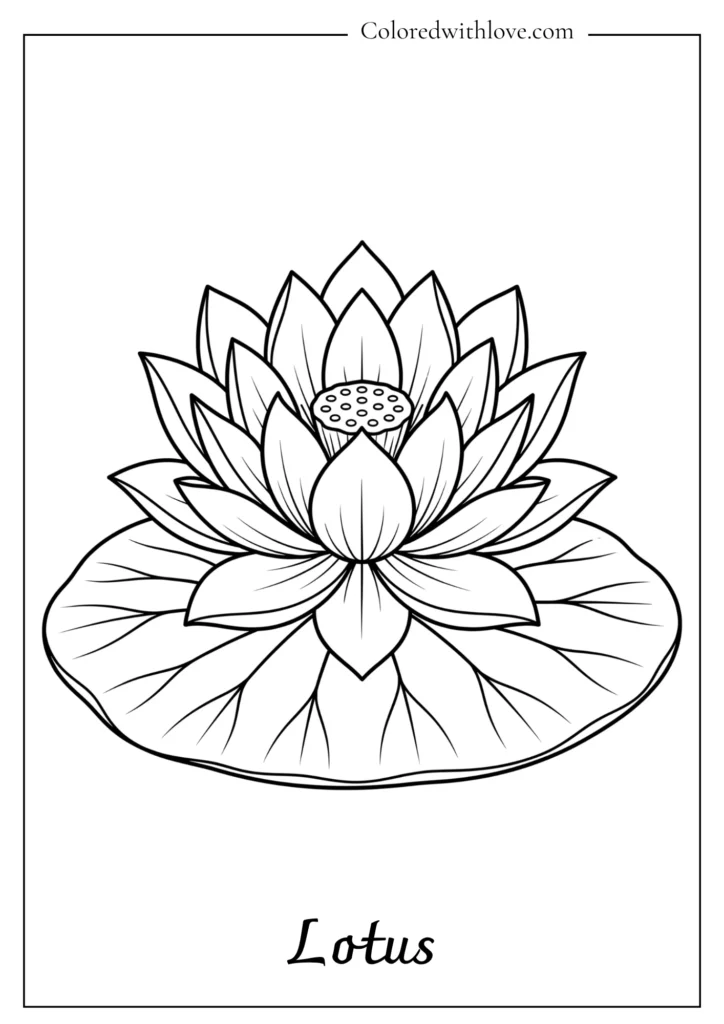 Symmetrical lotus flower blooming over a smooth lily pad in this relaxing flowers coloring page.
