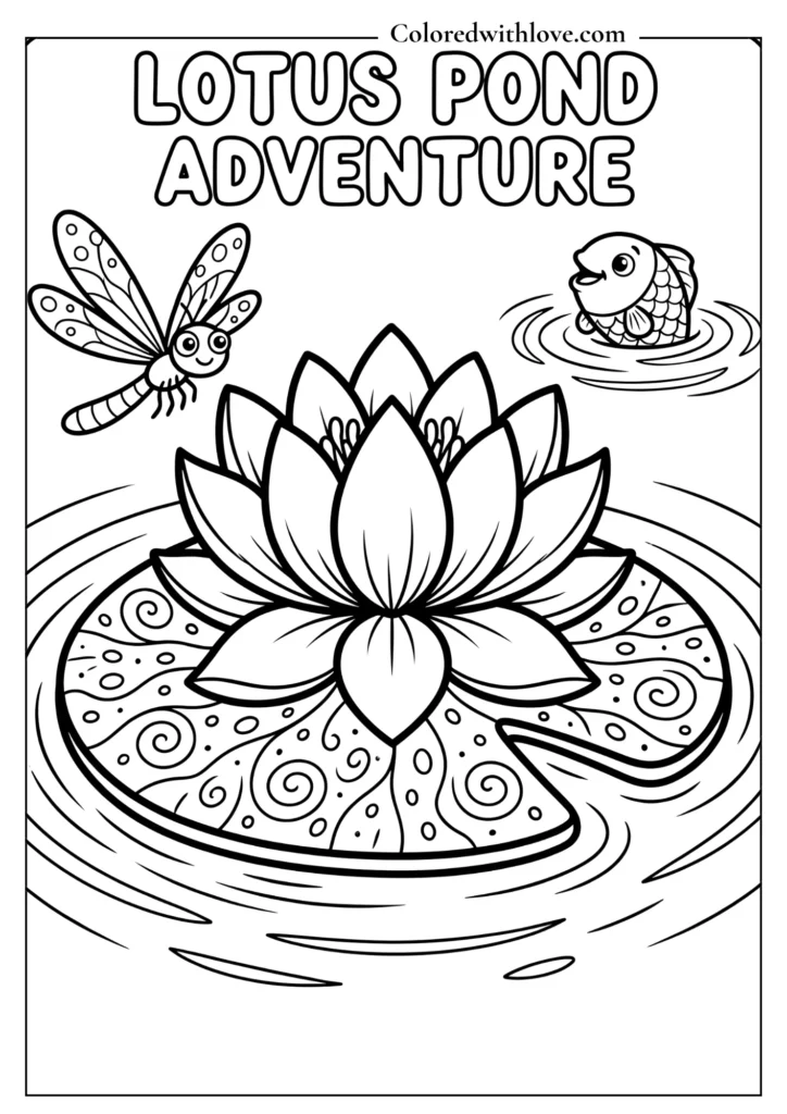 Easy flowers coloring page showing a simple lotus floating on a lily pad with gentle water ripples.