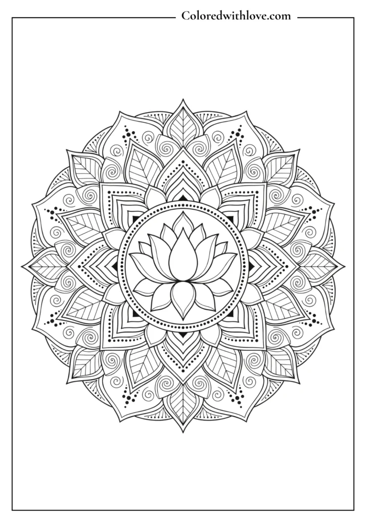  Therapeutic flowers coloring page for adults showing a highly decorative, symmetrical lotus mandala.