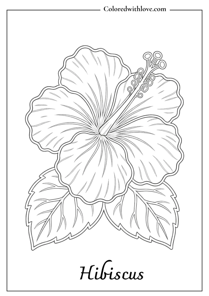 Tropical flowers coloring page showing a large hibiscus surrounded by monstera and palm leaves.