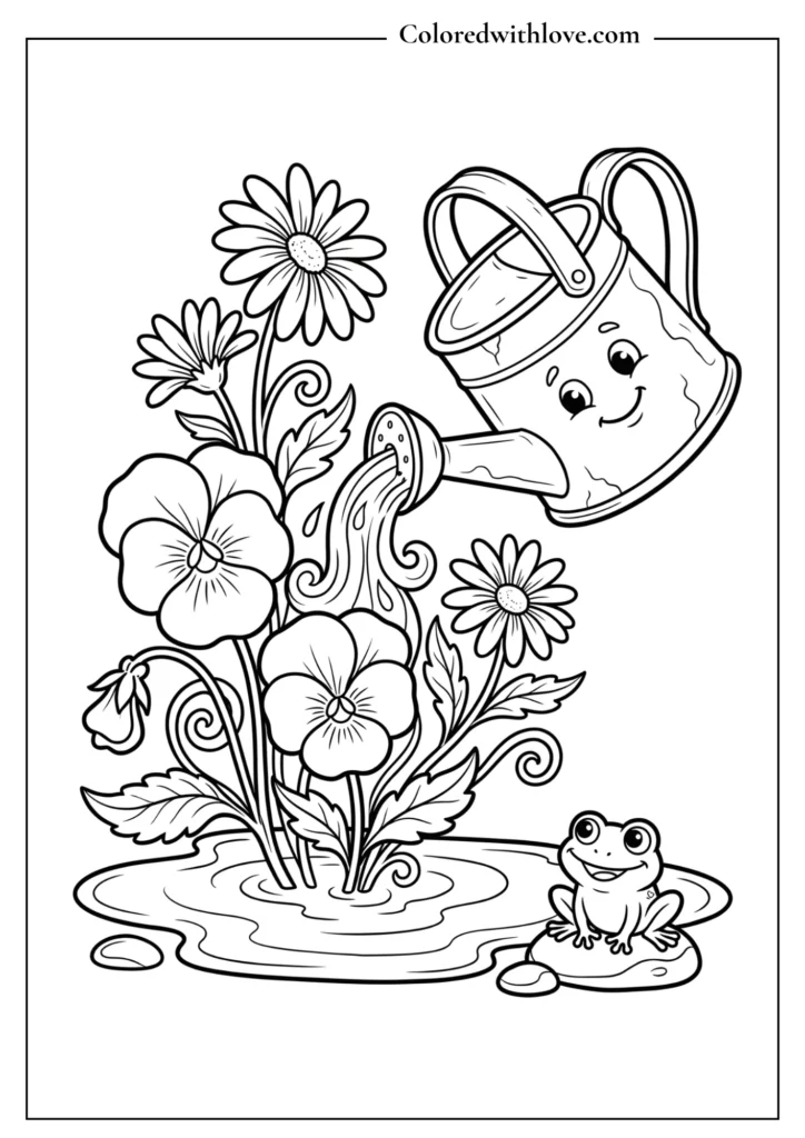 Black and white line art of a cute watering can spilling over with daisies and pansies to color.