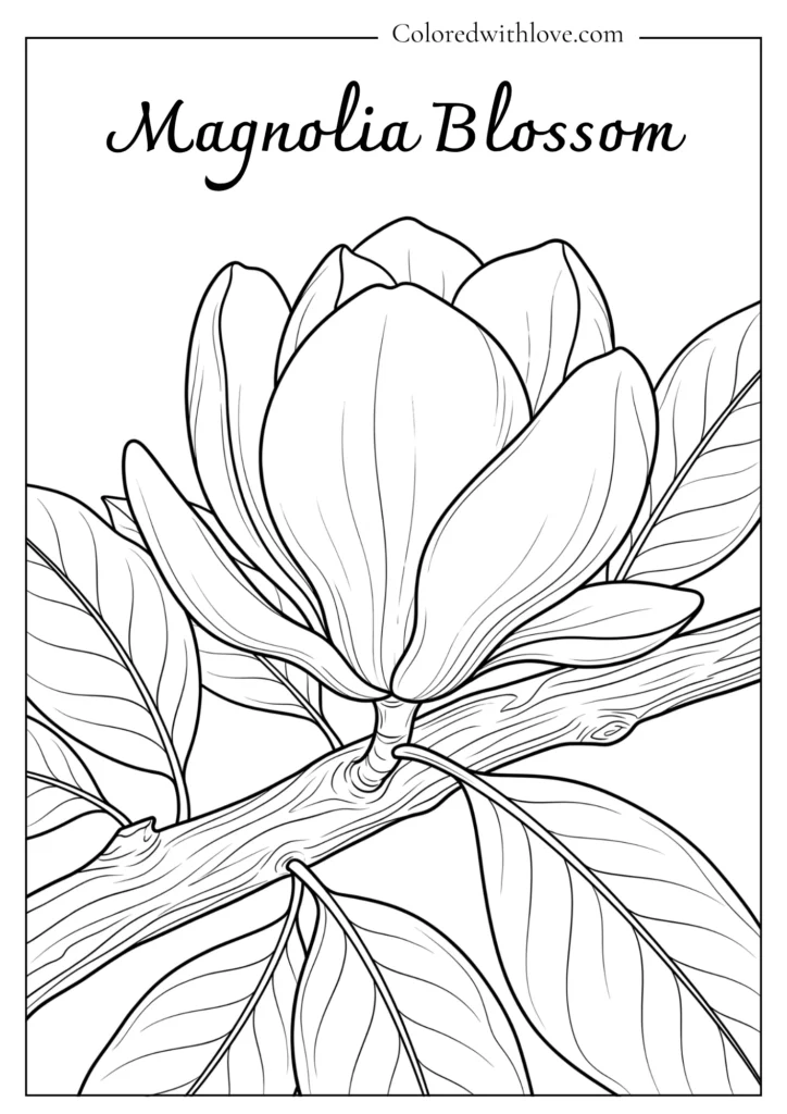 Massive magnolia blossom resting on a thick branch in a beautiful flowers coloring page.