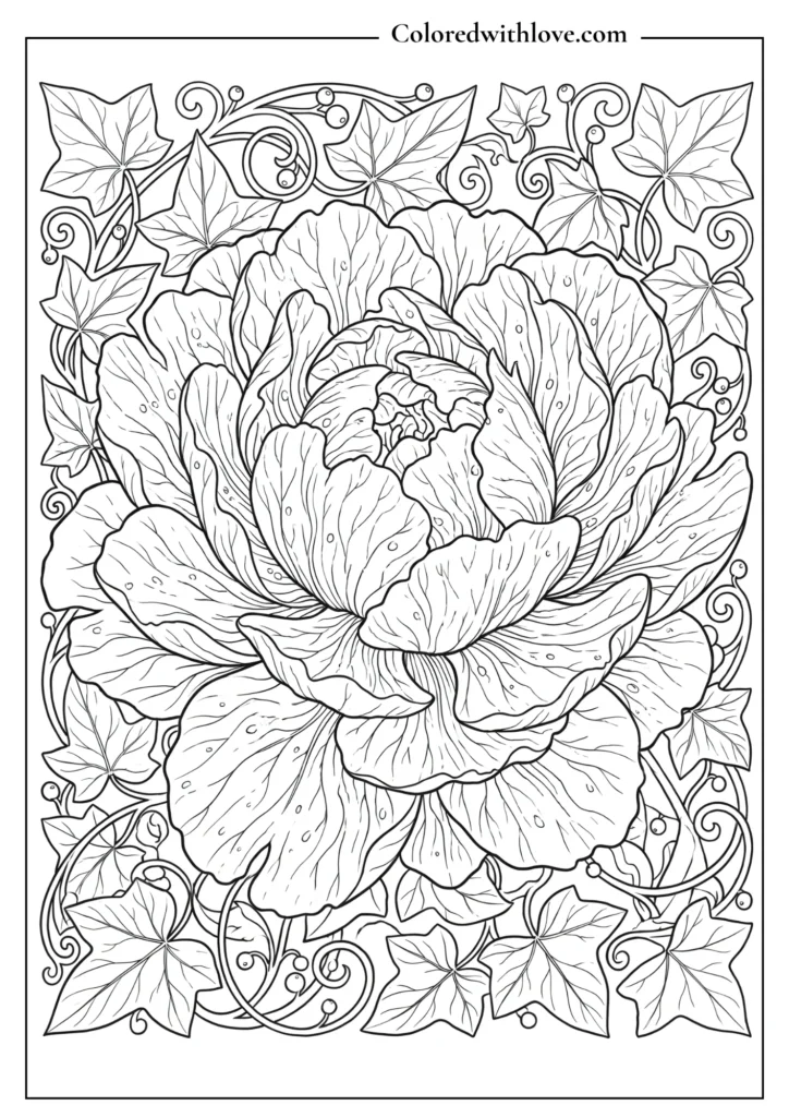 Highly detailed botanical flowers coloring page for adults showing a blooming peony with layered petals.