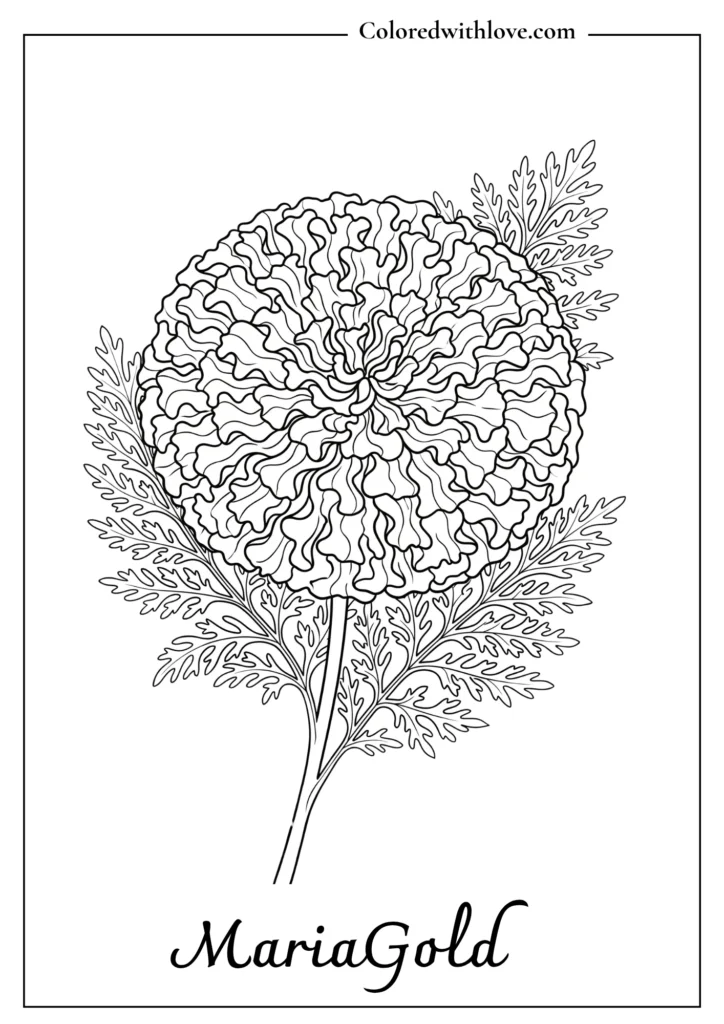 Pom-pom style marigold with tightly packed petals in this simple flowers coloring page line art.