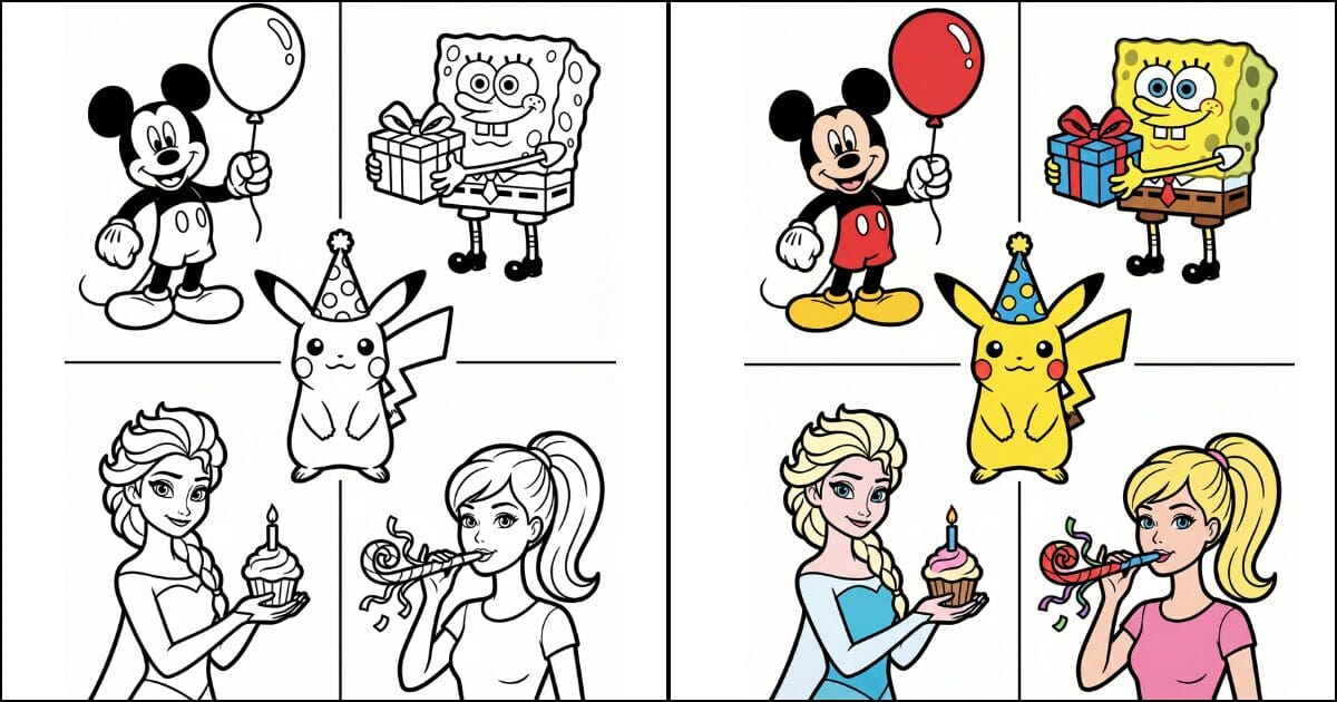Mixed Characters Birthday Coloring Pages