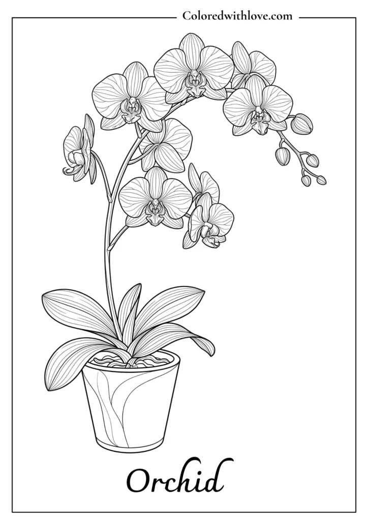 Realistic moth orchid blooming on a slender stem in this detailed flowers coloring page for adults.