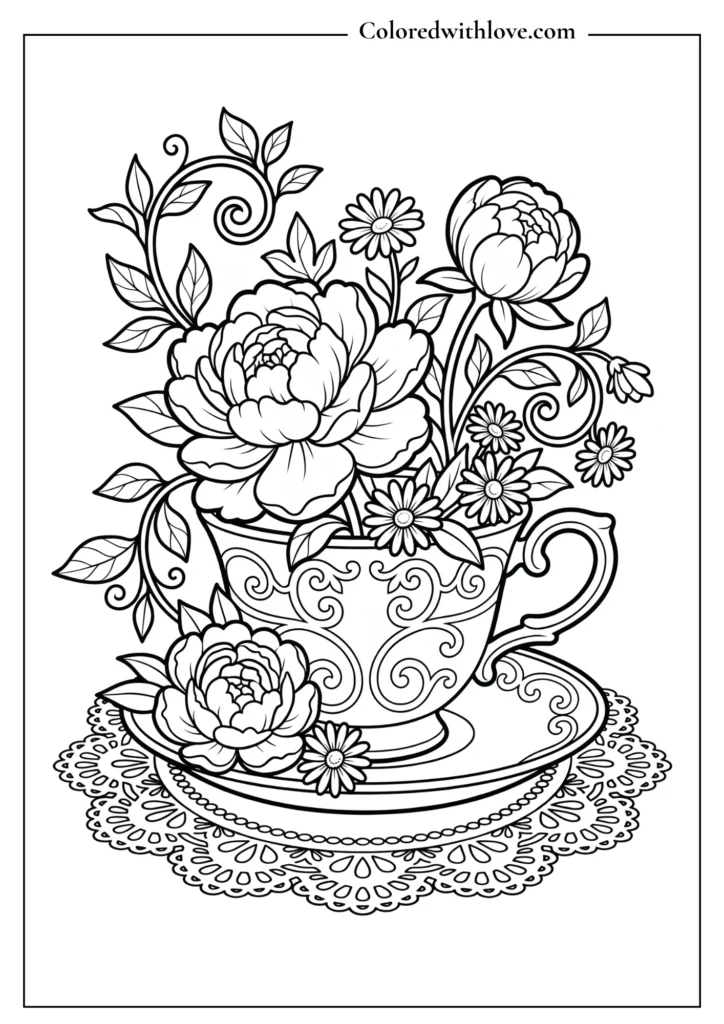  Elegant flowers coloring page showing a vintage teacup overflowing with blooming peonies and vines.