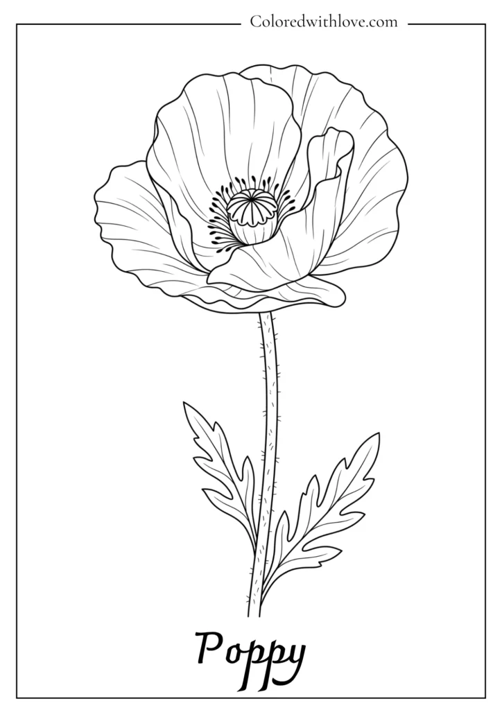 Delicate poppy flower in mid-bloom with a prominent seed pod in this simple flowers coloring page.