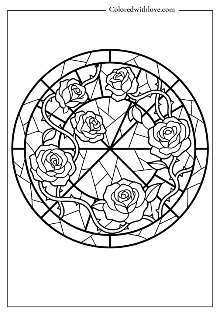 Stained-glass style flowers coloring page featuring a circular mandala made of roses and twisting vines.
