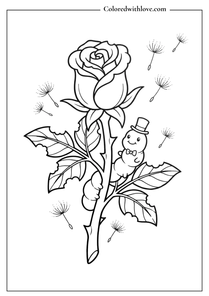 A friendly cartoon caterpillar crawling up a rose stem in this simple flowers coloring page.