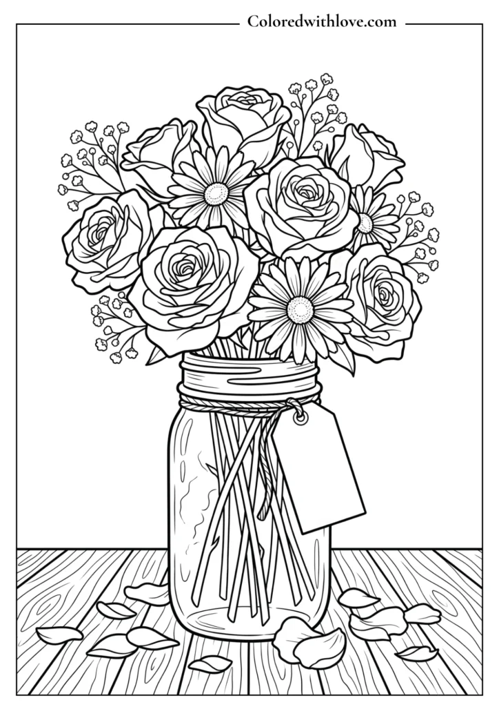  Rustic flowers coloring page showing a mason jar filled with a large bouquet of roses and daisies.