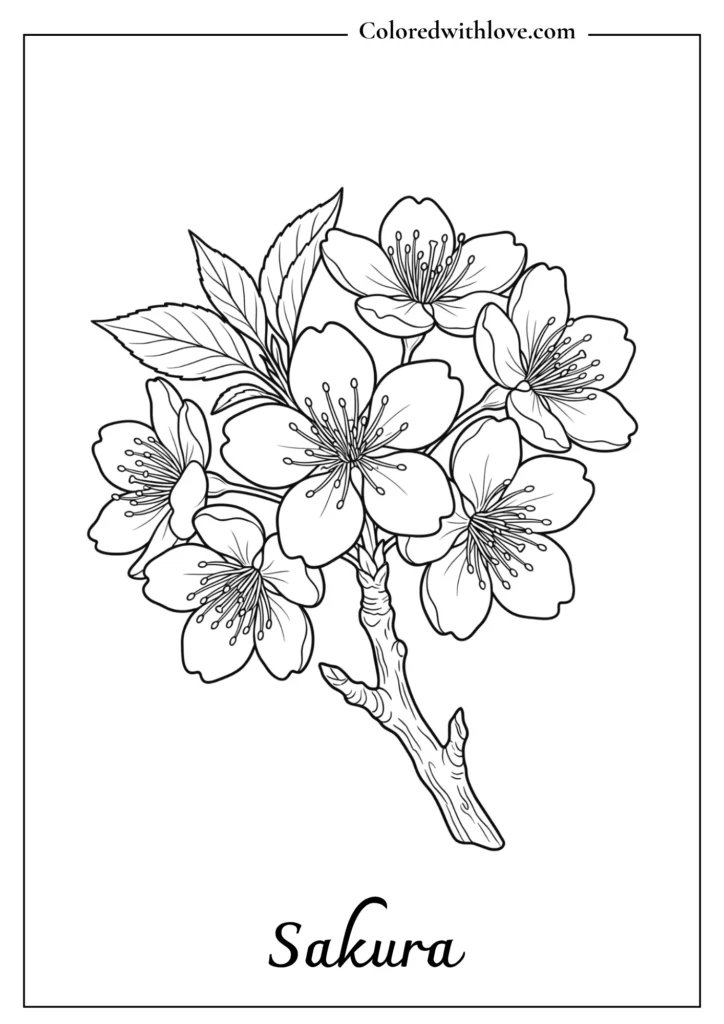 Focal cluster of five-petaled cherry blossoms on a twig for a spring flowers coloring page.