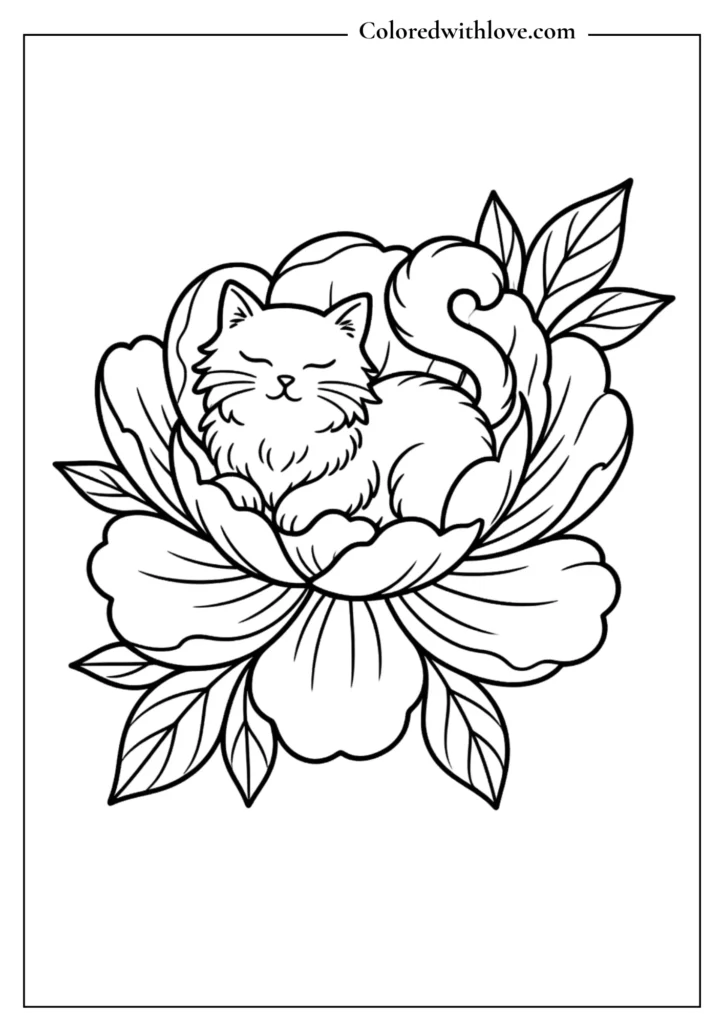 Cute whimsical flowers coloring page showing a fluffy cat curled up asleep inside a giant blooming peony.