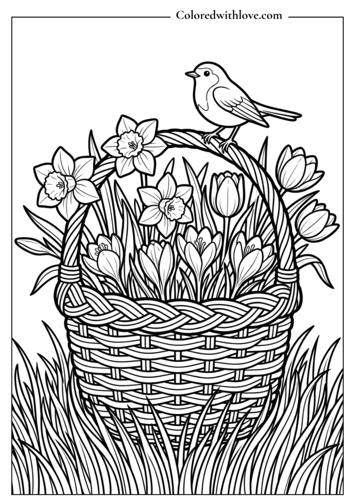  Printable flowers coloring page featuring a woven wicker basket overflowing with beautiful spring flowers.