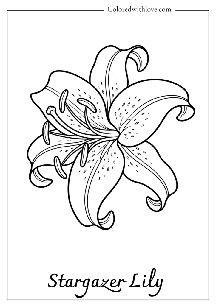 Bold line art of a single Stargazer Lily with curling petals for a beautiful flowers coloring page.