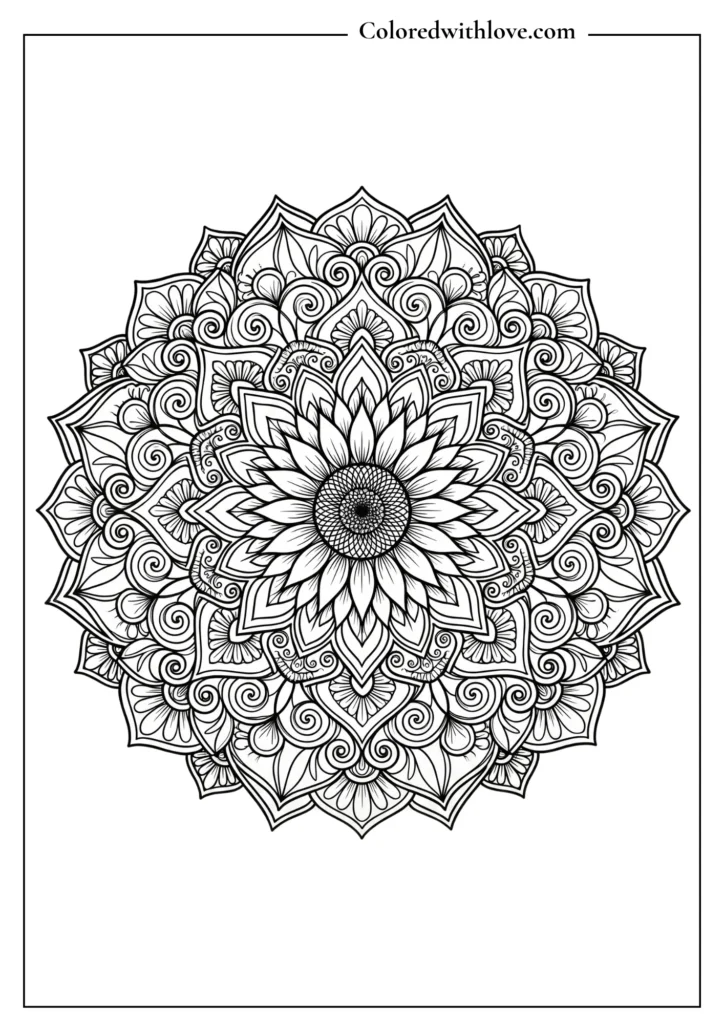 Complex zentangle flowers coloring page featuring a detailed mandala built around a central sunflower.