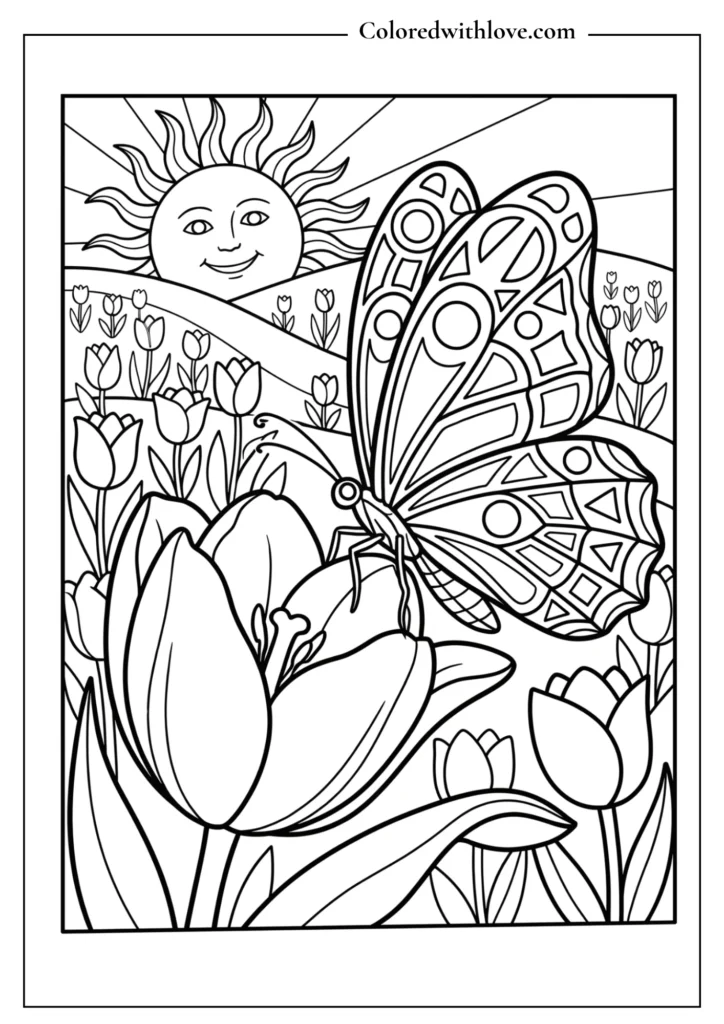 Easy kids flowers coloring page featuring a large tulip with a simple butterfly resting on its petal.
