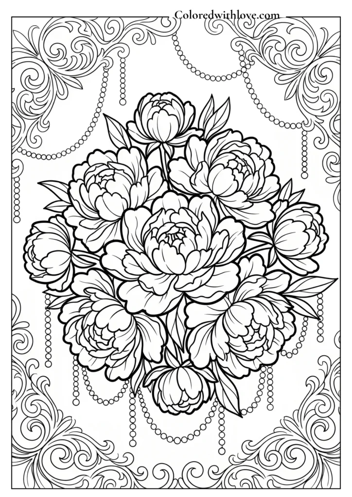 Detailed flowers coloring page featuring a large central peony surrounded by intricate lace-like filigree patterns.