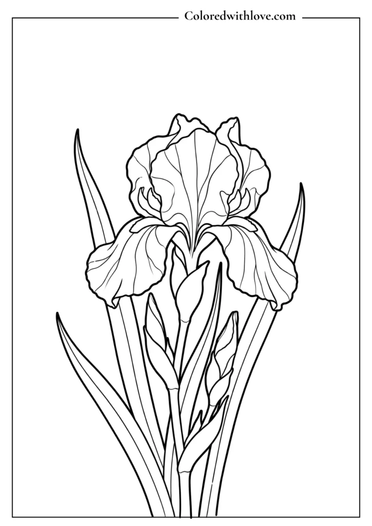 Vintage-style botanical flowers coloring page featuring an Iris flower with detailed petal veining.
