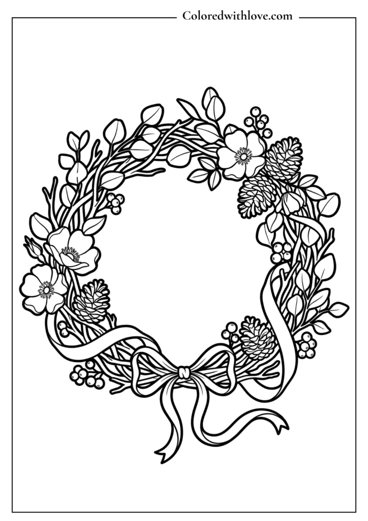 Black and white line art of a circular floral wreath made of eucalyptus leaves and roses to color.