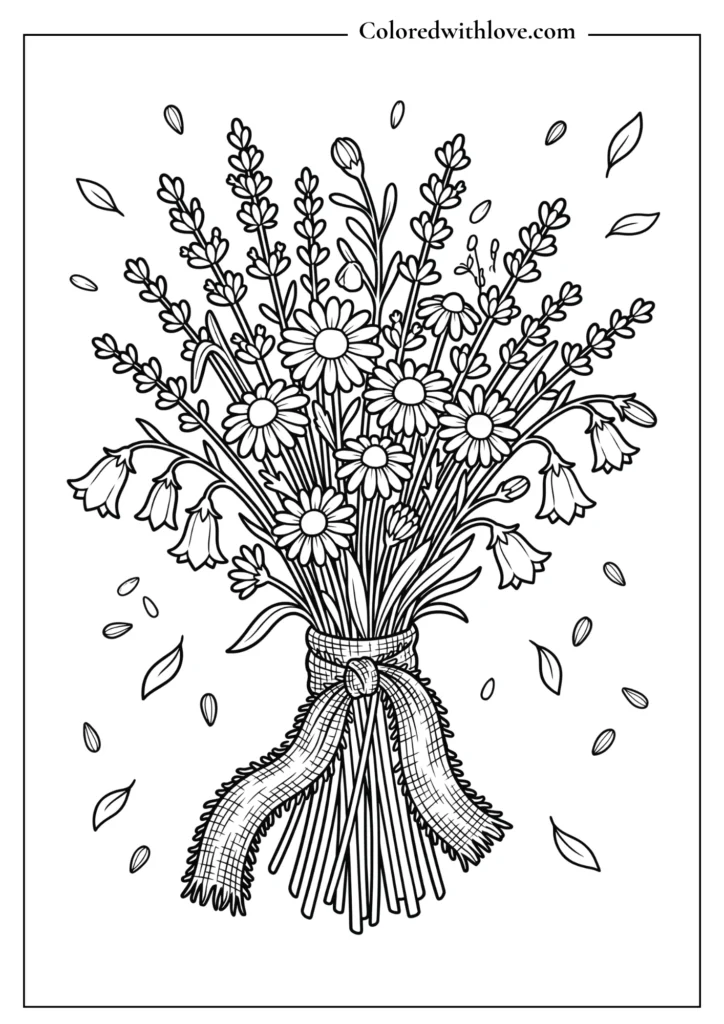 Fine line botanical flowers coloring page featuring a delicate cluster of lavender, chamomile, and bluebells.
