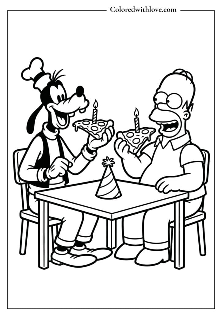 Cartoon mashup birthday coloring page featuring Goofy and Homer Simpson eating birthday pizza with candles.