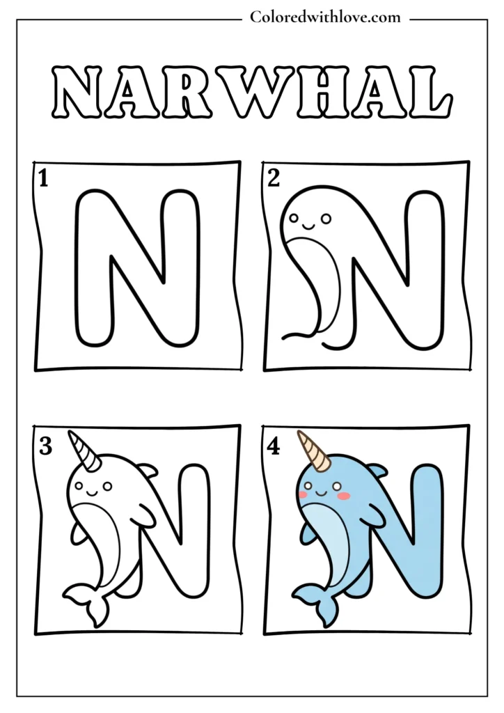 Drawing from Letter N Narwhal Coloring Page for Kids
