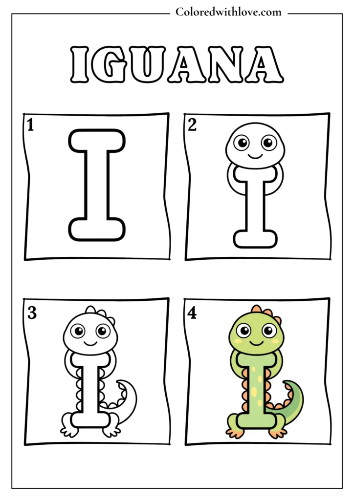 Drawing from Letter I Iguana Coloring Page for Kids